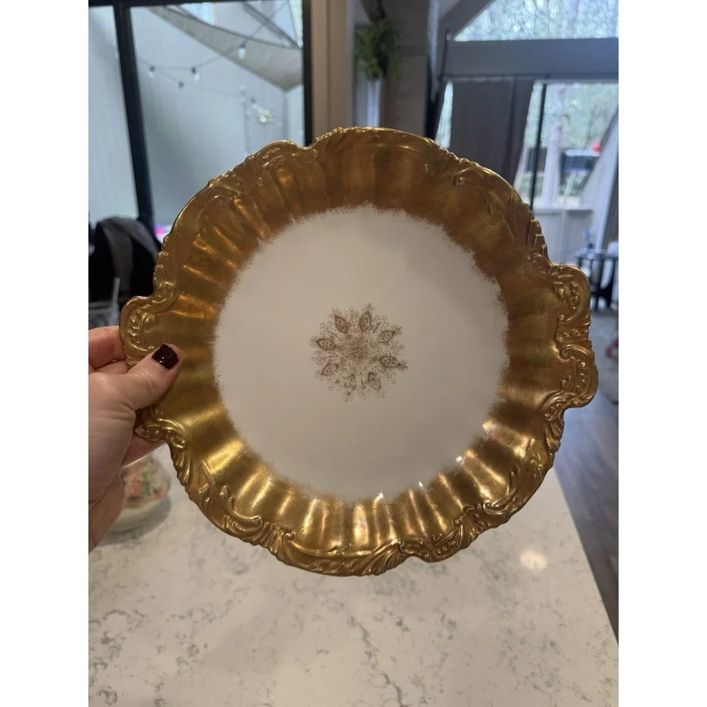 Antique LS&S‎ Limoges Porcelain Plate with Snowflake Design Gold Rim